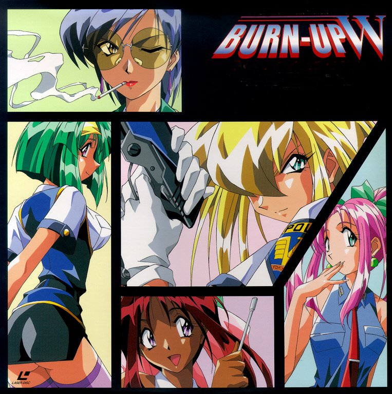 1990s_(style), 5girls, aqua_eyes, ass, blonde_hair, blue_hair, breasts, burn-up