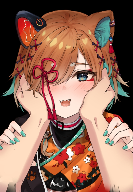 1girl, animal_ears, aqua_hair, black_background, blue_eyes, blush, bone_hair_ornament, dog_ears, dog_girl, ear_ornament, earrings, fangs, floral_print, flower_knot, green_nails, hair_ornament, hair_over_one_eye, hands_on_another's_cheeks, hands_on_another's_face, japanese_clothes, jewelry, kimono, mismatched_animal_ears, miyoshino_shiki, multicolored_hair, narunin, open_mouth, orange_kimono, paw_print, pov, power_symbol, prism_project, tassel, tassel_earrings, two-tone_hair, virtual_youtuber
