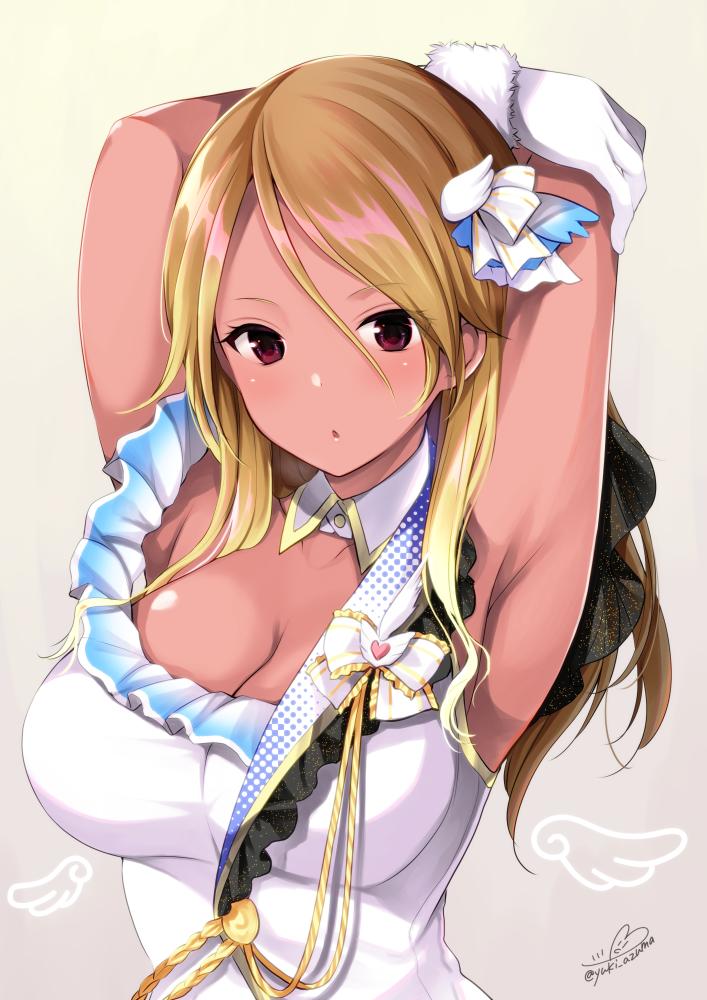 1girl, armpits, arms_up, azuma_yuki, beyond_the_bluesky_(idolmaster), black_eyes, blonde_hair, blue_ribbon
