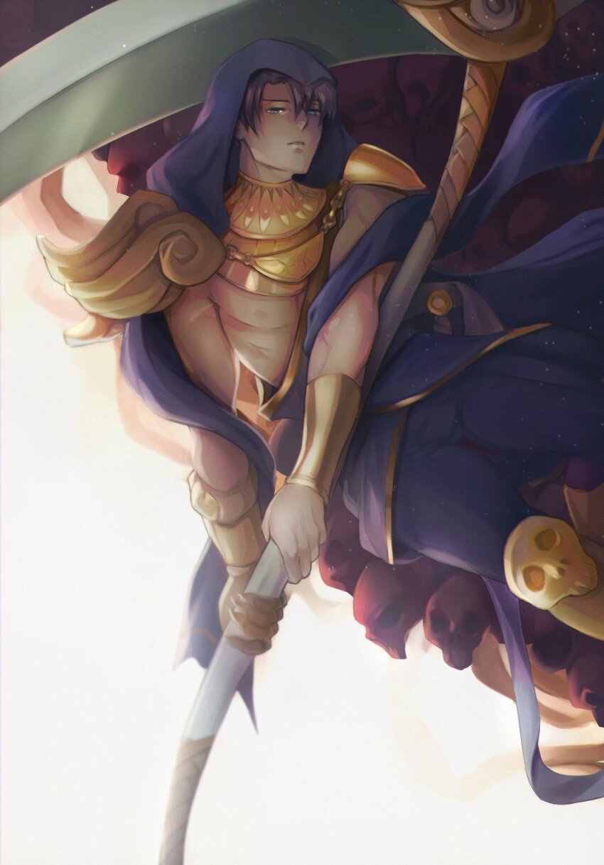 1boy, ancient_greek_clothes, armor, black_hair, blue_hood, chain, commentary, cosplay