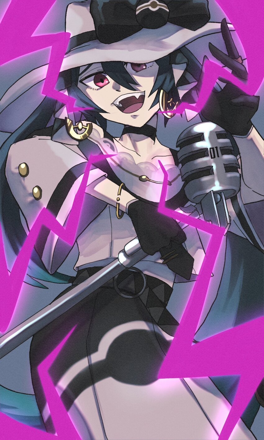 1girl, :d, belt, black_belt, black_choker, black_dress, black_gloves, blue_hair