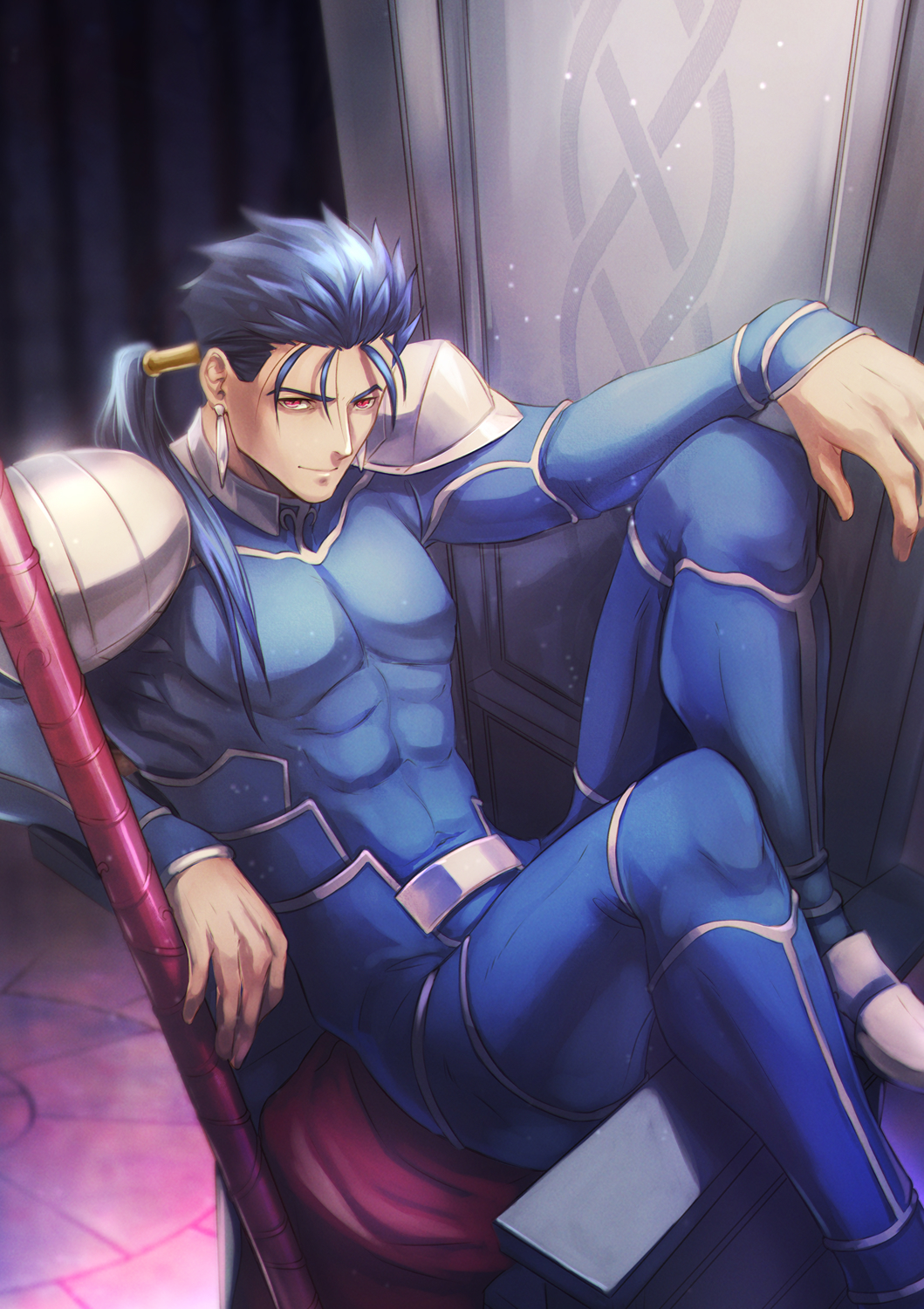 1boy, abs, arm_on_knee, armor, blue_armor, blue_hair, cu_chulainn_(fate), cu_chulainn_(fate/stay_night)
