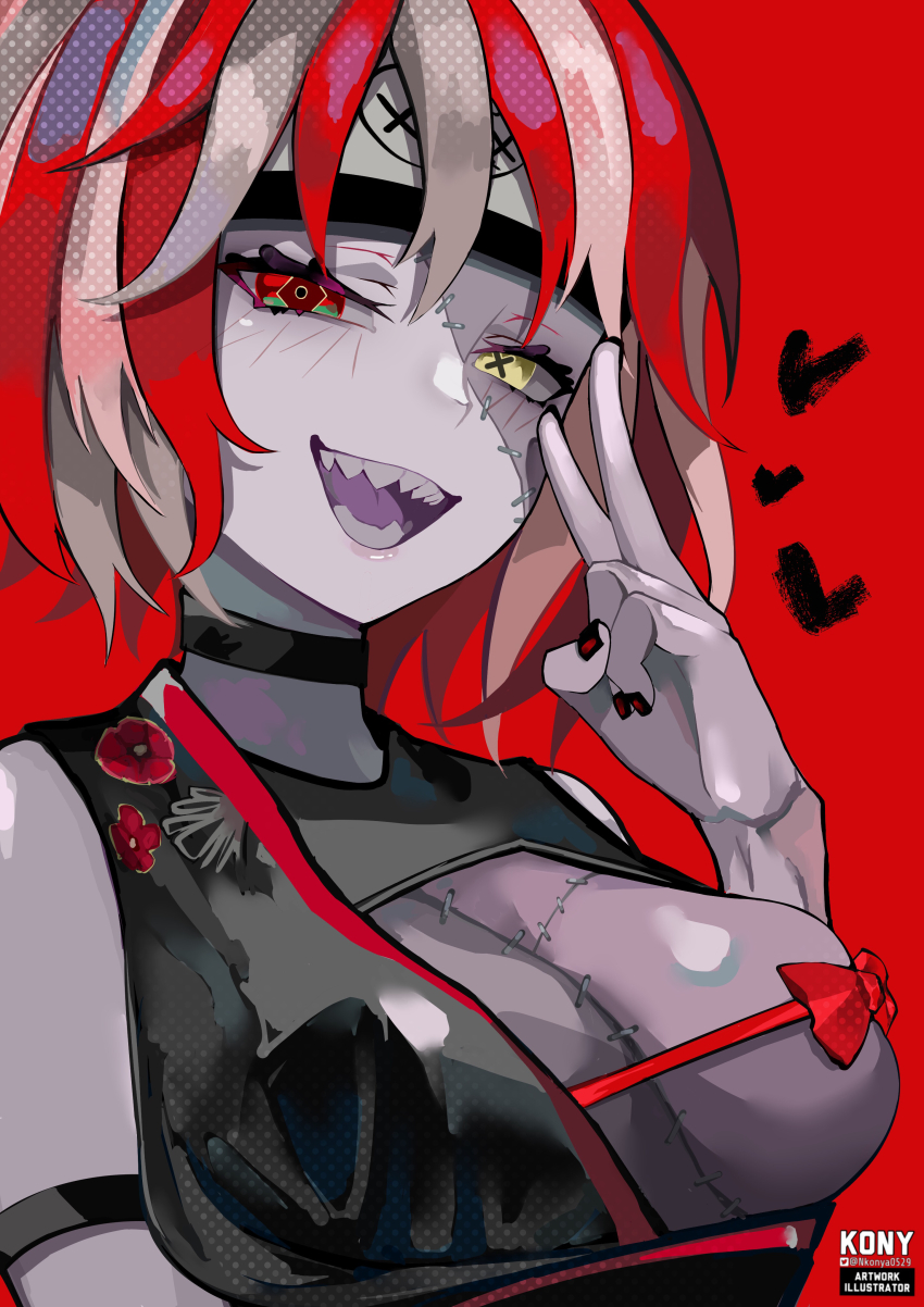 1girl, :d, absurdres, alternate_breast_size, artist_name, black_choker, black_kimono, black_nails, bow, breasts, choker, colored_skin, commentary, floral_print, forehead_protector, grey_hair, grey_skin, half-closed_eyes, hand_up, heart, heterochromia, highres, hololive, hololive_indonesia, japanese_clothes, kimono, kureiji_ollie, kureiji_ollie_(new_year), large_breasts, looking_at_viewer, multicolored_hair, multicolored_skin, ninja, nkonya, official_alternate_costume, one_breast_out, open_clothes, open_kimono, open_mouth, patchwork_skin, red_background, red_bow, red_eyes, red_hair, red_ribbon, ribbon, ribbon_censor, sharp_teeth, short_hair, signature, simple_background, sleeveless, sleeveless_kimono, smile, solo, spider_lily_print, stitched_arm, stitched_face, stitched_torso, stitches, untranslatable_commentary, symbol-shaped_pupils, teeth, twitter_username, upper_body, v, virtual_youtuber, x-shaped_pupils, yellow_eyes, zombie