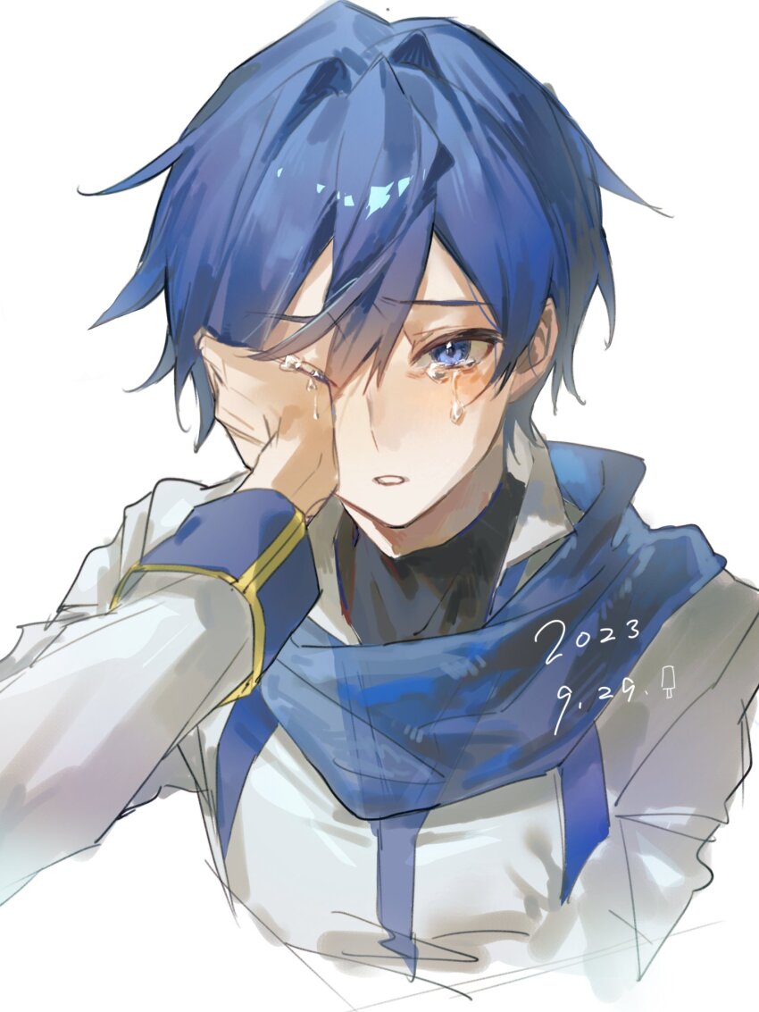 1boy, blue_eyes, blue_hair, blue_scarf, commentary, crying, crying_with_eyes_open, dated
