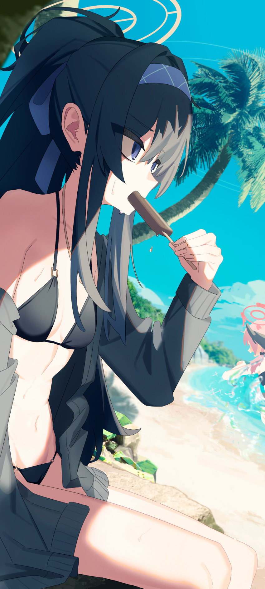 2girls, absurdres, beach, bikini, black_bikini, black_hair, blue_archive, blue_eyes, blue_hairband, blue_sky, blush, bow, breasts, cliff, cloud, contrail, eating, food, full-face_blush, hair_bow, hairband, halo, high_ponytail, highres, holding, holding_food, holding_popsicle, jewelry, koharu_(blue_archive), koharu_(swimsuit)_(blue_archive), melting, multiple_girls, navel, necklace, no3coral, o-ring, o-ring_bikini, ocean, off_shoulder, palm_tree, pink_hair, ponytail, popsicle, sitting, sky, small_breasts, splashing, sweat, sweater, swimsuit, toned, tree, ui_(blue_archive), ui_(swimsuit)_(blue_archive)