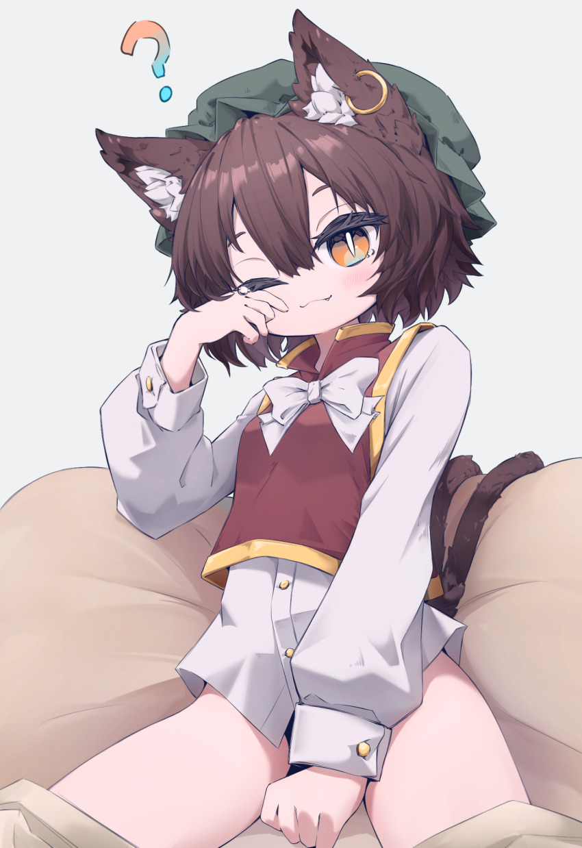 1girl, ?, animal_ears, blush, brown_hair, cat_ears, cat_tail, chen, closed_mouth, earrings, green_hat, hat, highres, jewelry, long_sleeves, mob_cap, mr.turtle_head, multiple_tails, no_pants, one_eye_closed, orange_eyes, red_vest, shirt, short_hair, single_earring, slit_pupils, solo, tail, touhou, two_tails, vest, white_shirt