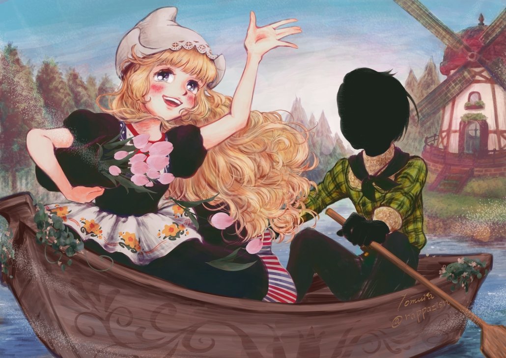 1boy, 1girl, black_hair, blonde_hair, blue_eyes, blush, boat, dress