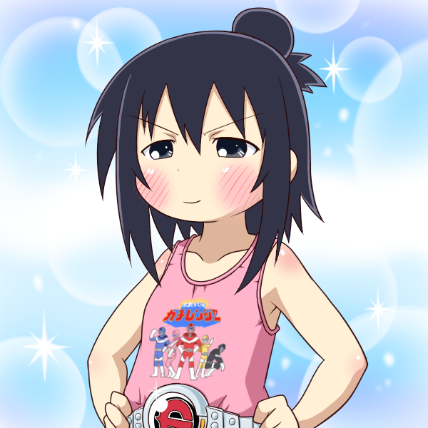 1girl, belt, black_eyes, black_hair, blush, female_focus, gachi_rangers, goriate, hair_bun, hands_on_own_hips, marui_hitoha, mitsudomoe_(manga), short_hair, single_hair_bun, solo, super_sentai, tank_top, tokusatsu