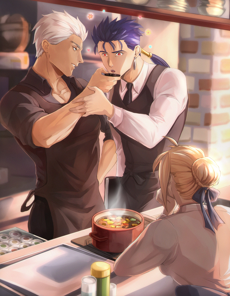 1girl, 2boys, apron, archer_(casual_wear)_(fate), archer_(fate), artoria_pendragon_(fate), black_necktie, black_shirt