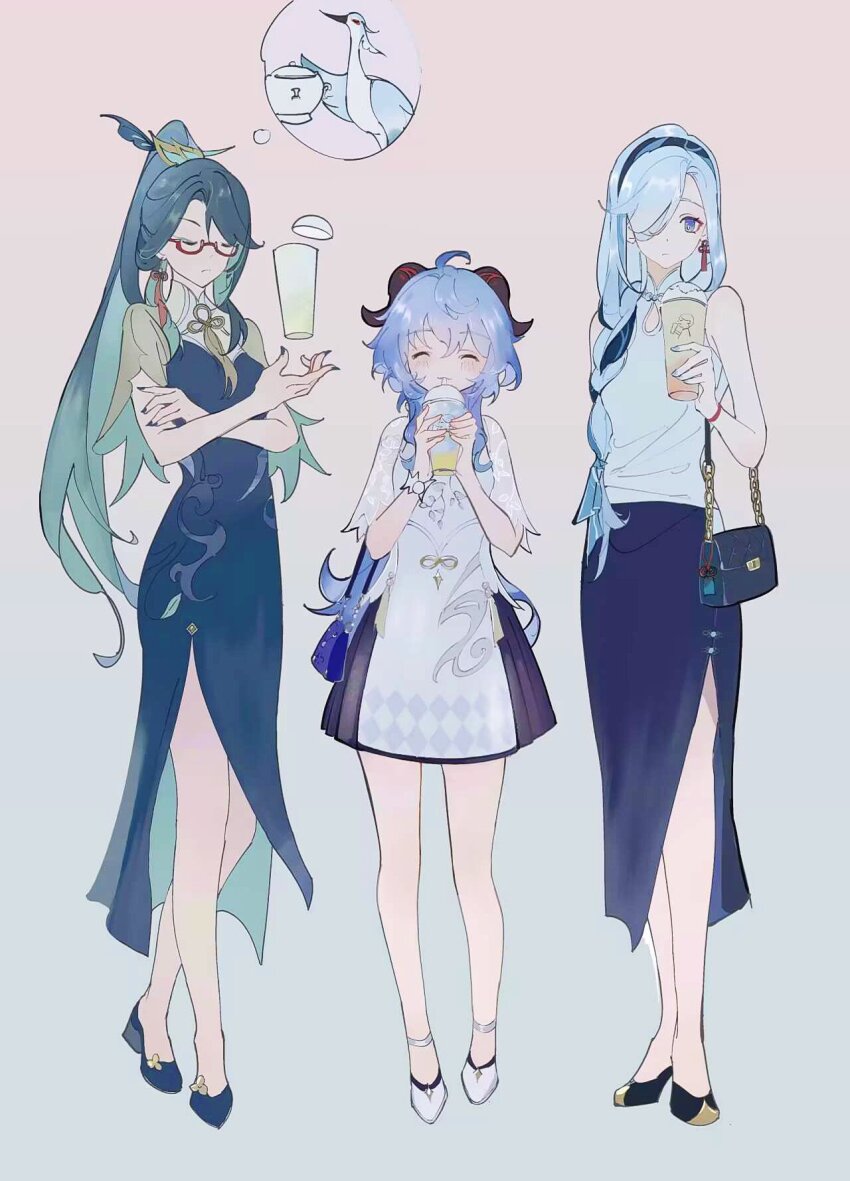 3girls, bag, bird, black_footwear, black_hair, black_skirt, blue_hair, blush, closed_eyes, closed_mouth, cloud_retainer_(genshin_impact), crane_(animal), crossed_legs, cup, disposable_cup, dress, drinking, earrings, full_body, ganyu_(genshin_impact), ganyu_(heytea)_(genshin_impact), genshin_impact, green_hair, hair_over_one_eye, highres, horns, huashengmi, jewelry, long_hair, multicolored_hair, multiple_girls, nail_polish, red-framed_eyewear, shenhe_(genshin_impact), shenhe_(heytea)_(genshin_impact), shoes, short_sleeves, side_slit, simple_background, skirt, standing, very_long_hair, watson_cross, white_footwear, xianyun_(genshin_impact)