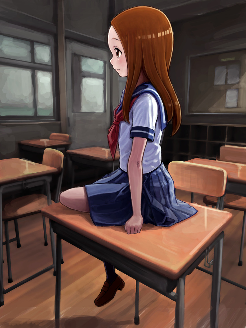 1girl, absurdres, blue_skirt, brown_eyes, brown_footwear, brown_hair, classroom, closed_mouth, desk, from_side, highres, indoors, karakai_jouzu_no_takagi-san, kotatsumuri_(yaugau), long_hair, neckerchief, on_desk, red_neckerchief, sailor_collar, school_desk, school_uniform, serafuku, short_sleeves, sitting, skirt, socks, solo, takagi-san, white_socks, window