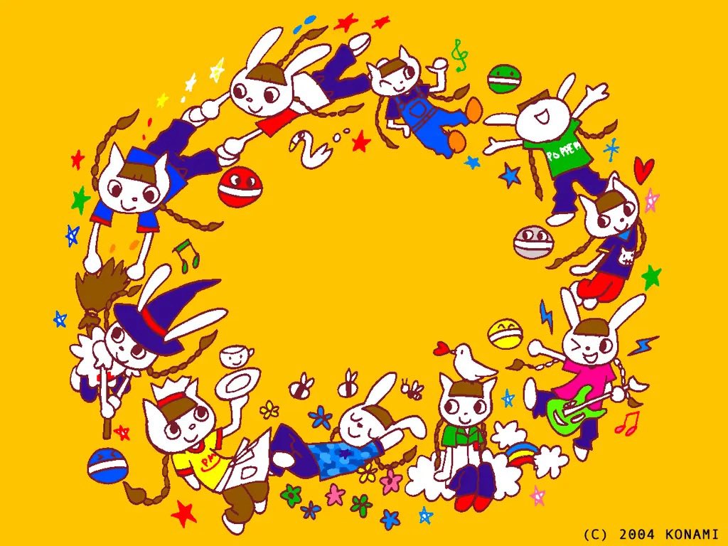 2girls, bad_link, bad_twitter_link, bemani, bird, blue_headwear, braid, brown_eyes, brown_hair, cat, cat_girl, clone, cloud, copyright_notice, furry, furry_female, goose, guitar, hat, holding, holding_guitar, holding_instrument, instrument, mimi_(pop'n_music), multiple_girls, multiple_persona, music, musical_note, nyami_(pop'n_music), official_art, open_mouth, orange_background, pop'n_music, pop'n_music_(1998), pop'n_music_10, pop'n_music_2, pop'n_music_3, pop'n_music_4, pop'n_music_5, pop'n_music_6, pop'n_music_7, pop'n_music_8, pop'n_music_9, rabbit, rabbit_girl, shirt, smile, star_(sky), t-shirt, twin_braids, witch_hat, yellow_background