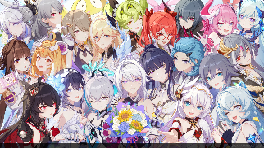 6+girls, :d, :o, :p, adjusting_hair, ahoge, ai-chan_(honkai_impact), ai_hyperion_lambda