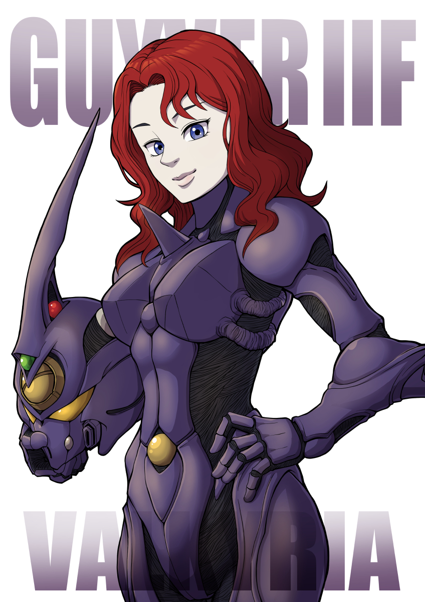 1girl, arm_blade, armor, closed_mouth, commission, copyright_name, gloves, guyver_ii-f