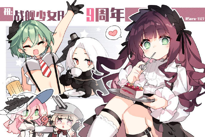 5girls, alcohol, anniversary, beer, beer_mug, black_gloves, breasts, cake, character_request, copyright_name, crop_top, cup, faa_di_bruno_(warship_girls_r), fang, food, gloves, green_eyes, green_hair, grey_hair, hairband, hat, heart, holding, lolita_hairband, long_hair, long_sleeves, medium_breasts, mug, multiple_girls, necktie, open_mouth, pink_eyes, red_eyes, red_hair, roma_(warship_girls_r), saru, short_hair, spoken_heart, sun_hat, suspenders, twitter_username, vittorio_veneto_(warship_girls_r), warship_girls_r, white_hair
