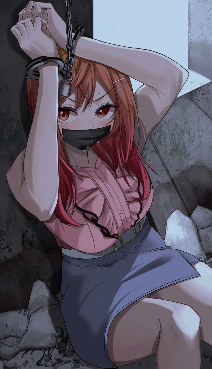 1girl, absurdres, blue_skirt, blush, bound, breasts, cuffs, gag
