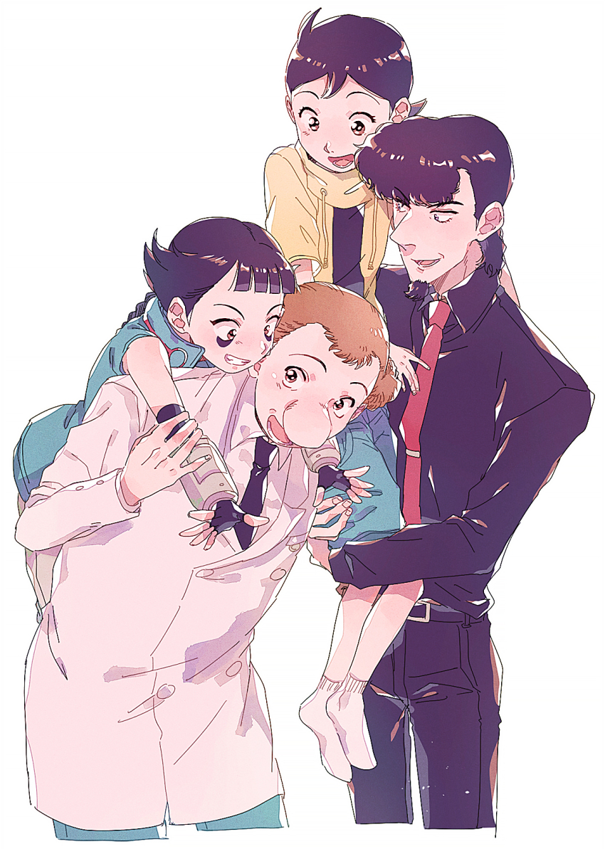 2boys, 2girls, :d, atom:_the_beginning, bags_under_eyes, beard, large_nose, black_gloves, black_hair, black_necktie, black_pants, black_shirt, blue_jacket, blue_shorts, bracer, brown_eyes, carrying, character_request, facial_hair, fingerless_gloves, gloves, highres, iyo_(kurumiwarin), jacket, lab_coat, multiple_boys, multiple_girls, necktie, ochanomizu_hiroshi, open_mouth, pants, piggyback, red_necktie, shirt, shorts, simple_background, smile, socks, tenma_umatarou, white_background