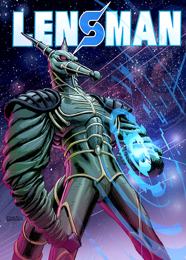 alien, armor, colored_skin, copyright_name, cyborg, dragon, dragon_tail, dustinweaver, energy, energy_barrier, energy_shield, energy_weapon, green_skin, horns, lens_flare, lensman, mechanical_horns, mechabare, pauldrons, red_eyes, science_fiction, shoulder_armor, sketchbook, tagme, tail, western_comics_(style), worsel_(lensman)