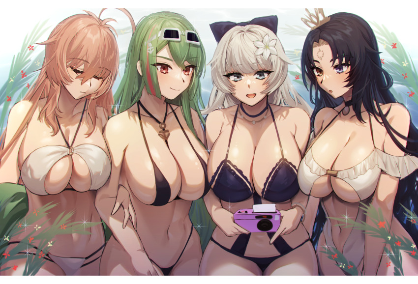 4girls, :d, :o, ahoge, anchor_necklace, aviator_sunglasses, azur_lane, bare_shoulders