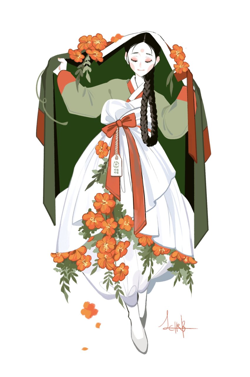 1girl, absurdres, black_hair, bouquet, braid, cape, closed_eyes, flower