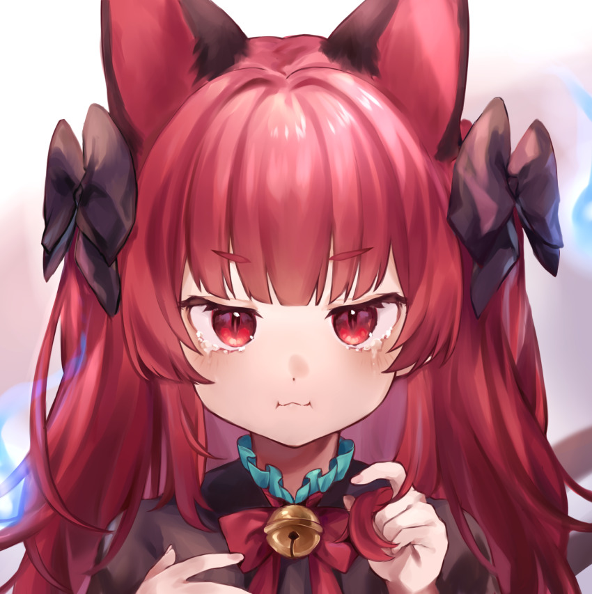 1girl, alternate_hairstyle, animal_ears, bell, black_dress, blush, cat_ears, closed_mouth, commentary, dress, extra_ears, highres, jingle_bell, kaenbyou_rin, long_hair, portrait, red_eyes, red_hair, solo, untranslatable_commentary, touhou, utsuro114514
