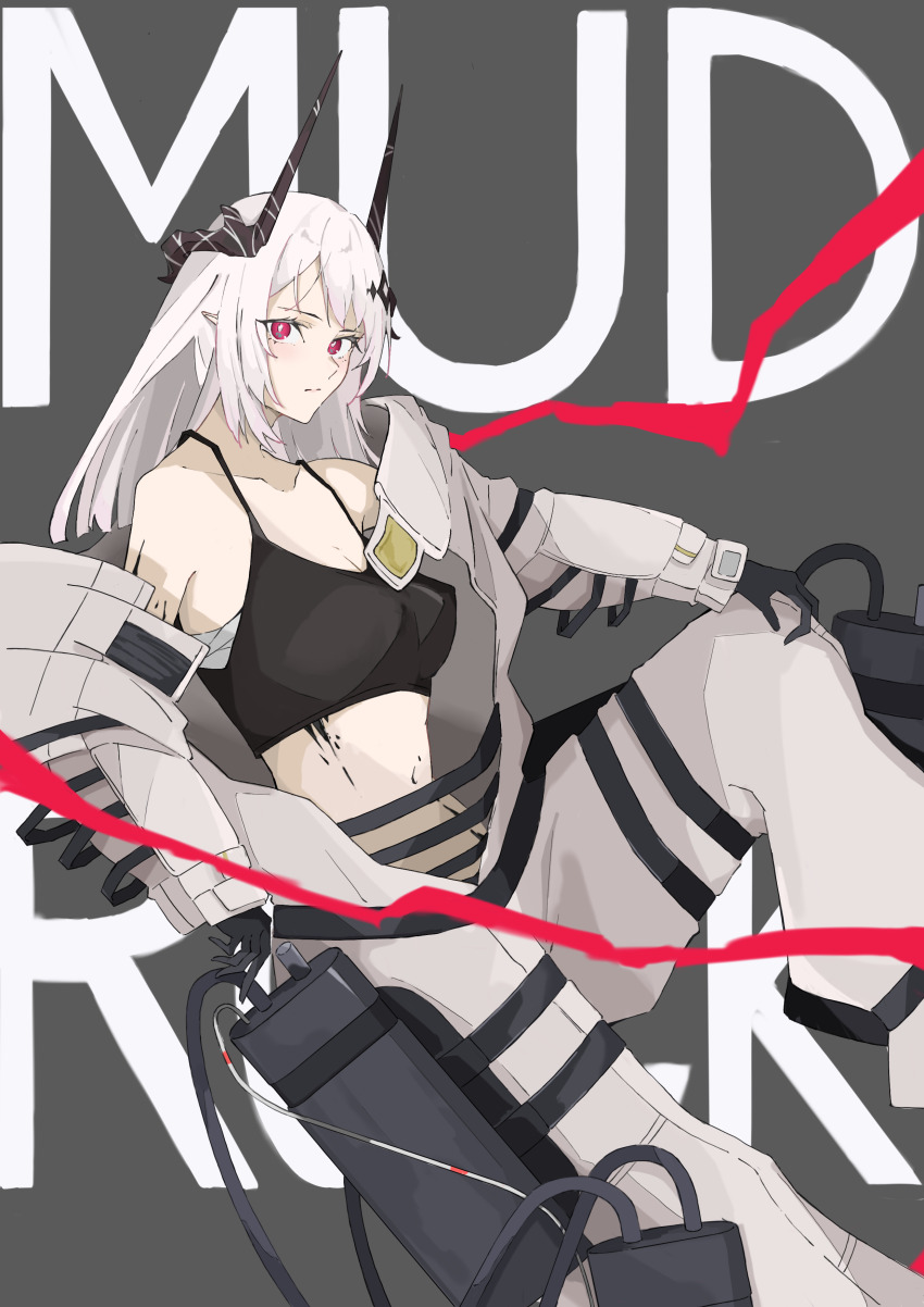 1girl, absurdres, adesu_(gekkahyouzin), arknights, bandages, black_background, black_gloves, black_horns