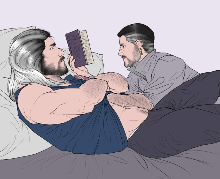 2boys, abs, arm_hair, bara, beard, blue_tank_top, book, clothes_lift