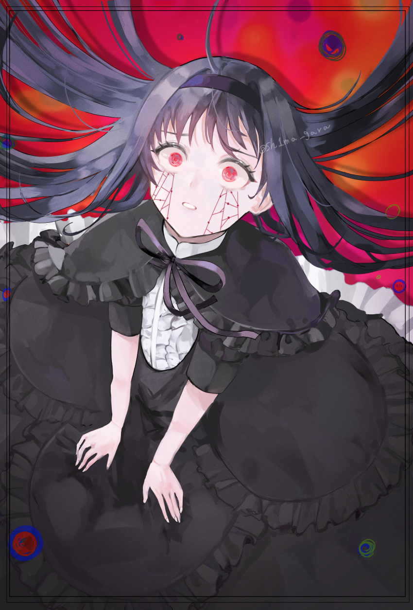 1girl, absurdres, akemi_homura, akemi_homura_(black_dress), black_dress, black_hair, dress, female_focus, funeral_dress, hairband, highres, homulilly, long_hair, looking_at_viewer, mahou_shoujo_madoka_magica, mahou_shoujo_madoka_magica:_hangyaku_no_monogatari, red_eyes, sh1ma_gara, wide-eyed
