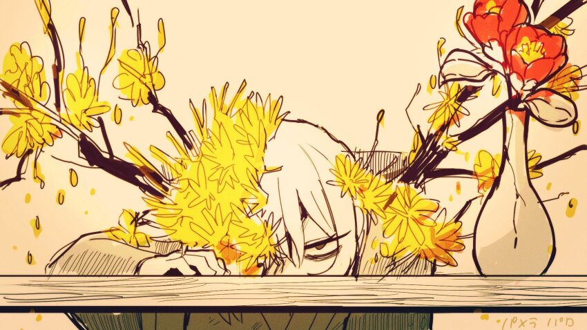 1girl, bags_under_eyes, black_coat, branch, brown_eyes, coat, dongbaek_(project_moon), e.g.o_(project_moon), flower, flower_over_eye, hair_flower, hair_ornament, highres, limbus_company, long_sleeves, looking_at_viewer, pamela_(vocaloid), project_moon, red_flower, sidelocks, solo, spicebush_(e.g.o), surumenabe, table, vase, white_hair, wide_sleeves, wings, yellow_flower