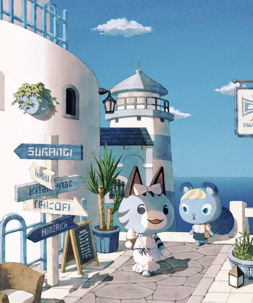 2girls, animal_crossing, animal_crossing:_new_horizons, artist_name, bag, black_ribbon, blue_eyes, blue_skirt, blue_sky, bow, brown_bag, building, buttons, cat_girl, chair, chalkboard_sign, cloud, commentary_request, day, direction_board, dress, flower_pot, food, frilled_dress, frills, furry, furry_female, hair_bow, hand_up, handbag, highres, holding, holding_food, holding_ice_cream, horizon, ice_cream, ice_cream_cone, ione_(animal_crossing), kaji_(oni_atat), lantern, lighthouse, lolly_(animal_crossing), menu, multiple_girls, nintendo, ocean, open_mouth, outdoors, plant, potted_plant, puffy_short_sleeves, puffy_sleeves, railing, ribbon, shadow, shell_bag, shirt, shirt_tucked_in, short_sleeves, shoulder_bag, sign, skirt, sky, sleeveless, sleeveless_dress, smile, soft_serve, squirrel_girl, standing, stone_walkway, sundress, twitter_username, walking, water, white_bow, white_dress, white_shirt, window