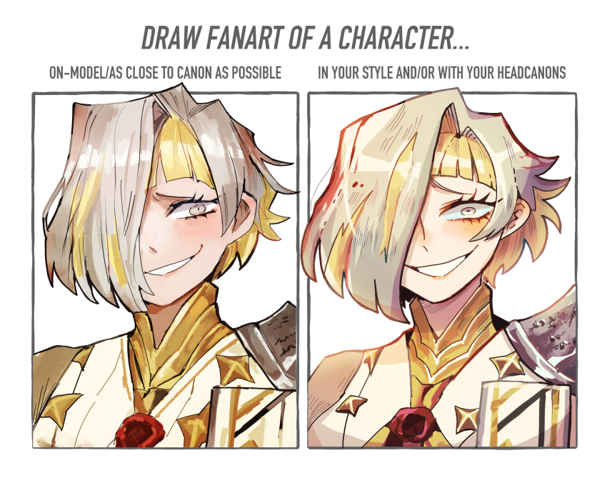 1girl, armor, blonde_hair, blush, brooch, english_text, grin, hair_over_one_eye