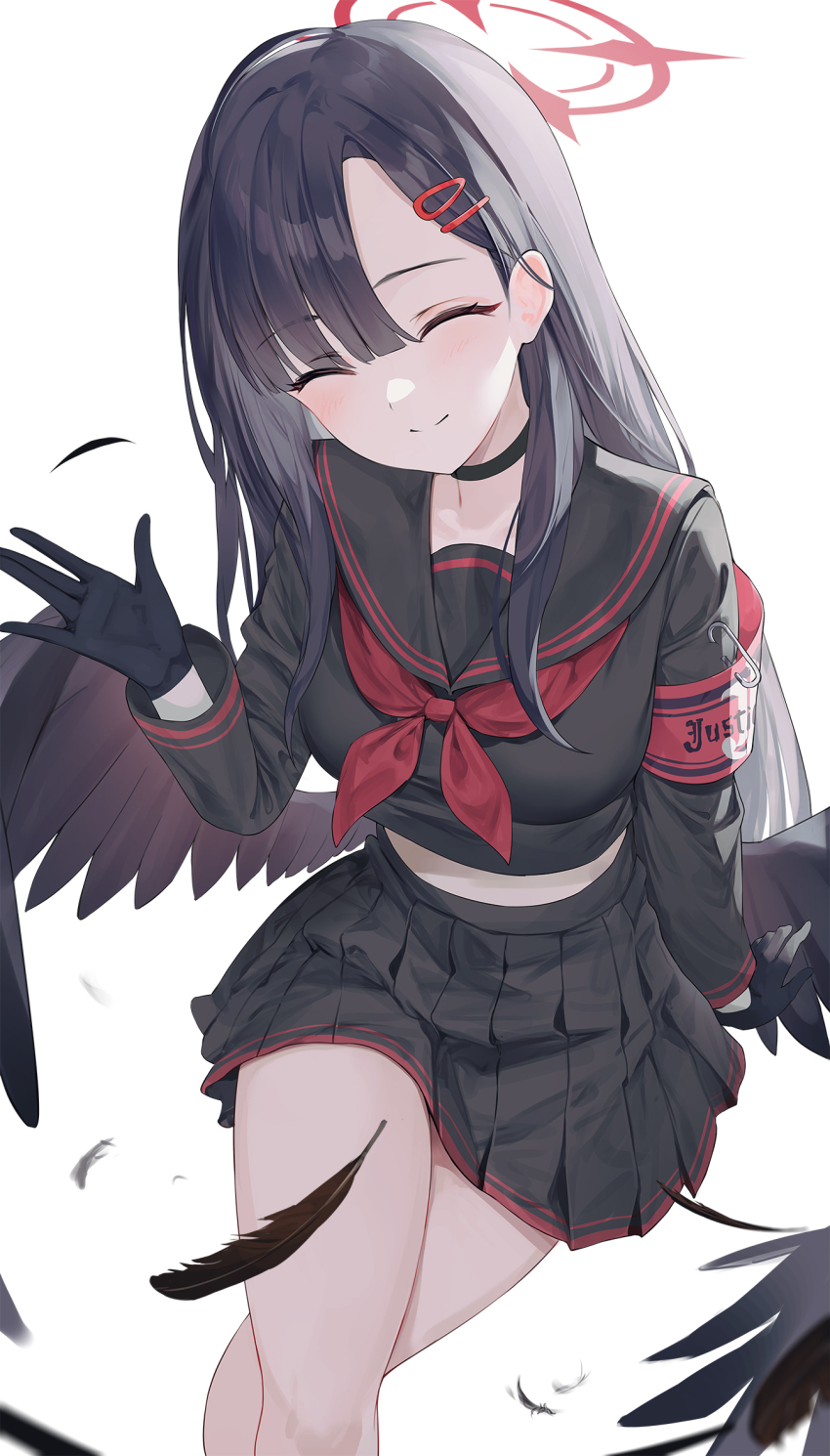 1girl, armband, black_choker, black_gloves, black_hair, black_sailor_collar, black_serafuku, black_shirt