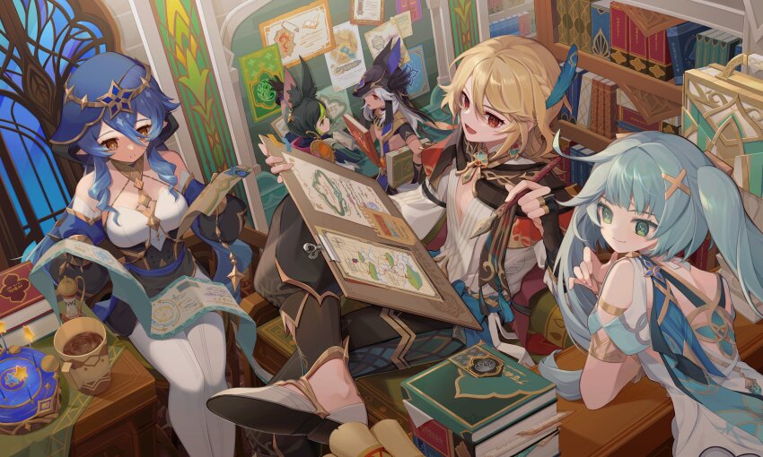 2girls, 3boys, absurdres, animal_ears, aqua_eyes, aqua_hair, armlet, black_hair