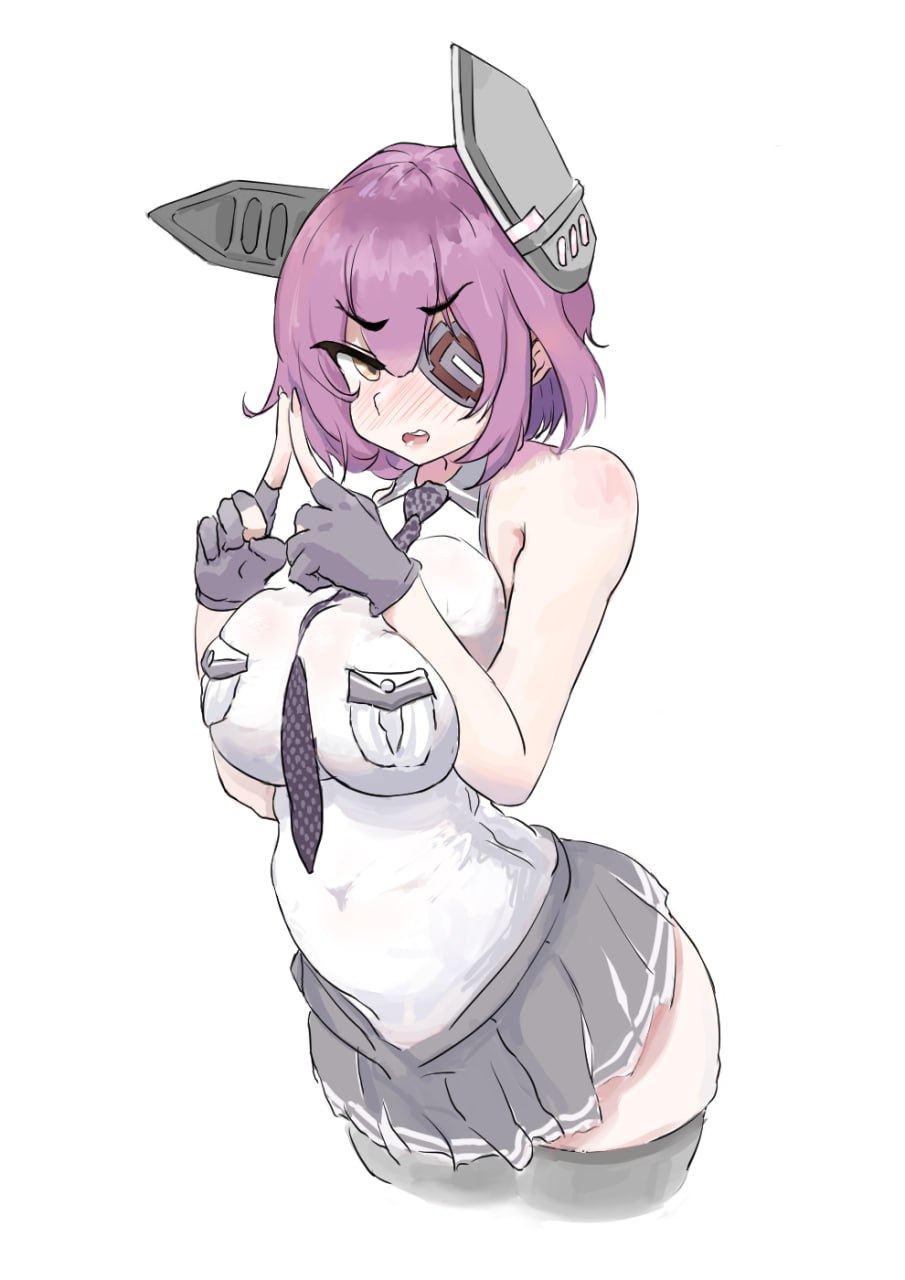 >:d, 1girl, artist_request, black_gloves, black_skirt, black_thighhighs, blush, breast_pocket, breasts, breasts_squeezed_together, checkered_clothes, checkered_necktie, cropped_legs, embarrassed, eyepatch, gentlyfluid, gloves, hair_between_eyes, headgear, highres, kantai_collection, large_breasts, looking_at_viewer, necktie, open_mouth, partially_fingerless_gloves, pocket, purple_hair, shirt, short_sleeves, skirt, sleeveless, sleeveless_shirt, tenryuu_(kancolle), tenryuu_kai_ni_(kancolle), thighhighs, white_background, white_shirt, yellow_eyes