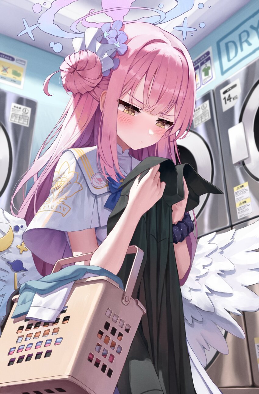 1girl, angel_wings, black_scrunchie, blue_archive, blush, capelet, clothes_dryer, feathered_wings