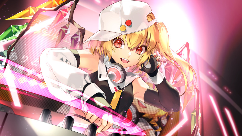 1girl, alternate_costume, blonde_hair, crystal, detached_sleeves, dj, dutch_angle, fingerless_gloves, flandre_scarlet, gloves, headset, highres, looking_at_viewer, mixing_console, open_mouth, rainasu, red_eyes, red_nails, sharp_teeth, side_ponytail, smile, solo, teeth, touhou, upper_body, white_headwear, wings