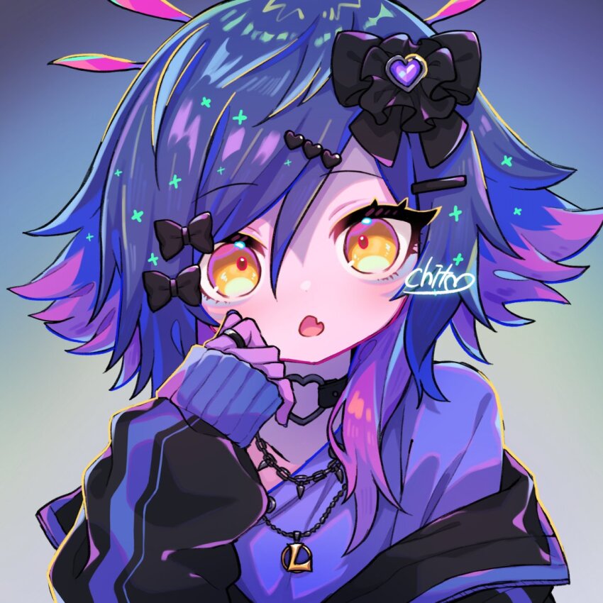1girl, :o, alternate_costume, black_bow, black_choker, black_jacket, blue_background, blue_hair