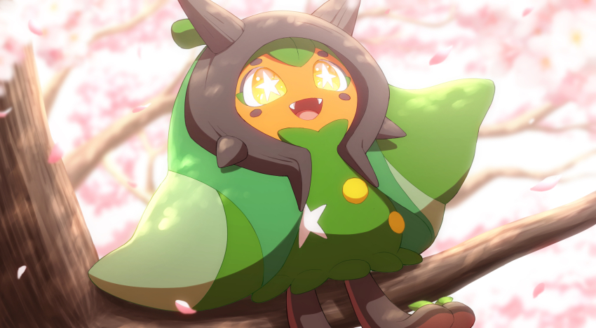 :d, branch, commentary_request, day, falling_petals, fangs, highres, in_tree