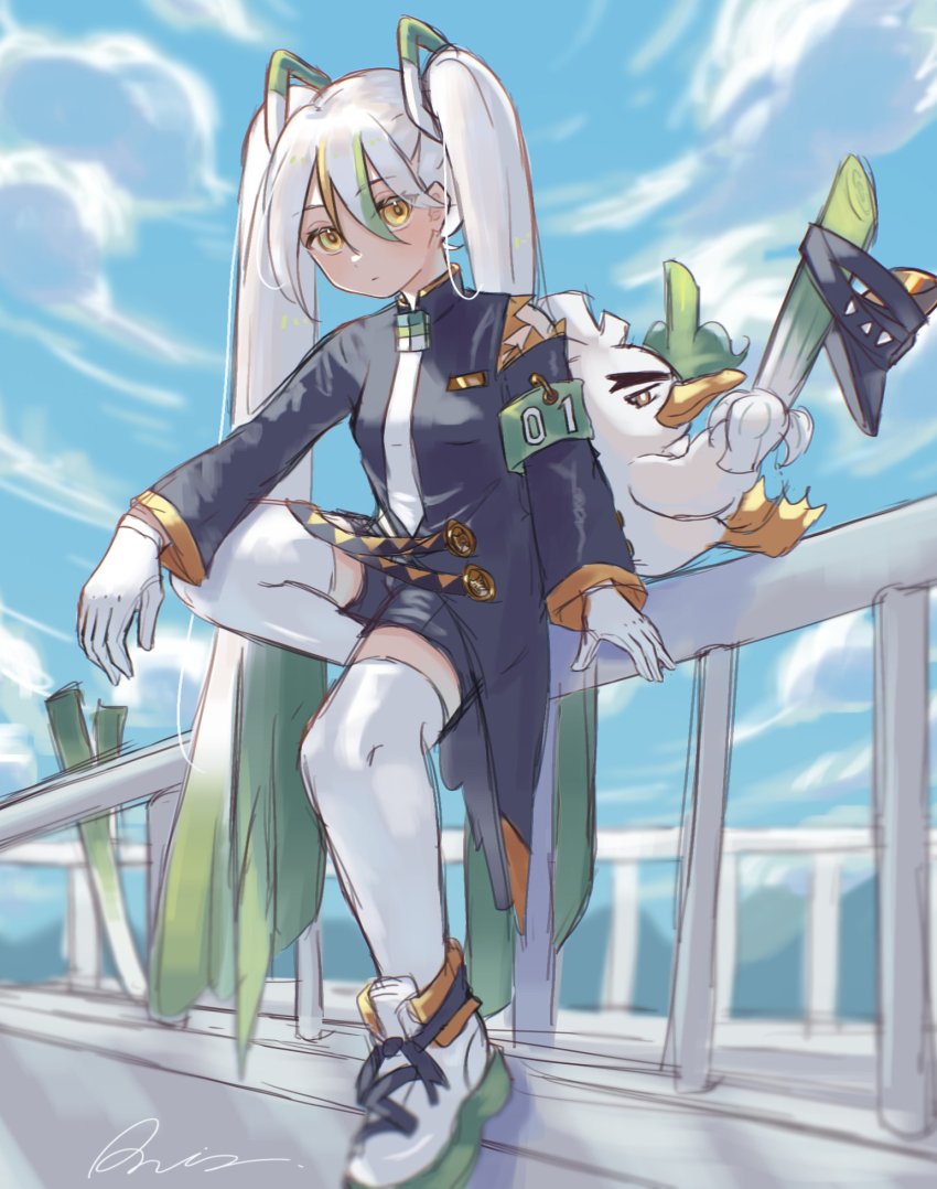 1girl, armband, bird, black_hat, black_shorts, blonde_hair, blue_sky, cloud