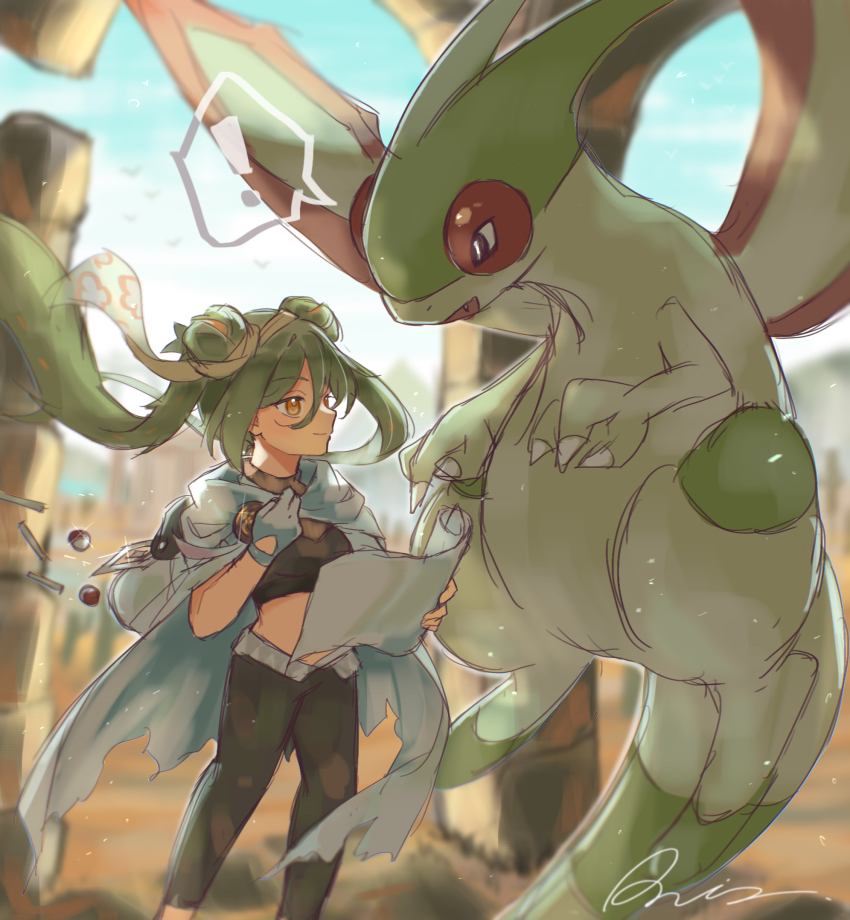 !, 1girl, 1other, black_pants, blue_sky, cape, claws, closed_mouth, dark-skinned_female, dark_skin, day, desert, double_bun, dragon, dragon_wings, floating_hair, flygon, flying, gen_3_pokemon, ground_miku_(project_voltage), hair_between_eyes, hair_bun, hatsune_miku, highres, holding, holding_map, legs_apart, light_green_hair, long_hair, map, multicolored_hair, nintendo, orange_eyes, orange_hair, outdoors, pants, pokemon, pokemon_(creature), project_voltage, raria_(reisui25_raria), signature, sky, smile, solo, speech_bubble, spoken_exclamation_mark, standing, torn_cape, torn_clothes, twintails, two-tone_hair, very_long_hair, vocaloid, white_cape, wings