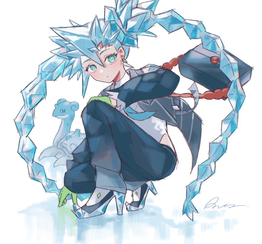 1girl, aqua_eyes, bag, blue_bag, blue_footwear, blue_hair, blue_jacket, blue_necktie