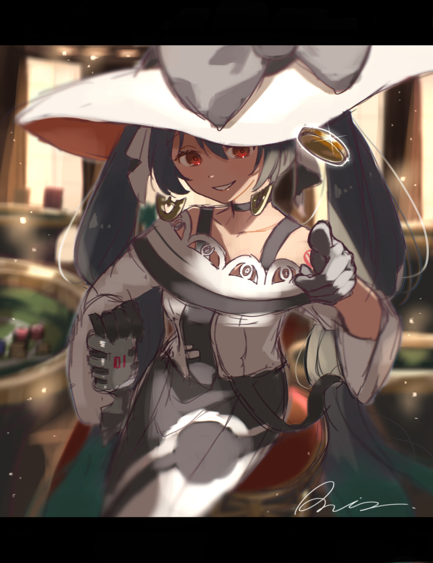 1girl, aqua_hair, black_bow, black_choker, black_dress, black_gloves, blue_hair, bow, choker, coin, collarbone, dark_blue_hair, dark_miku_(project_voltage), dress, earrings, gloves, gradient_hair, grin, hat, hat_bow, hatsune_miku, highres, jewelry, letterboxed, light_particles, long_hair, microphone, multicolored_hair, nintendo, number_tattoo, pokemon, project_voltage, raria_(reisui25_raria), red_eyes, red_pupils, shoulder_tattoo, signature, smile, solo, sun_hat, tattoo, twintails, two-tone_dress, two-tone_hair, very_long_hair, vocaloid, white_dress, white_hat