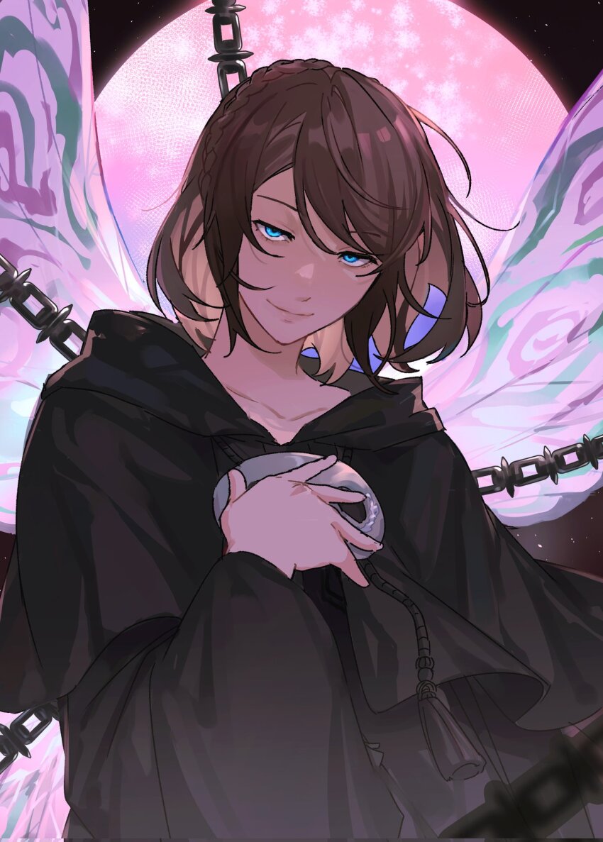 1girl, athena_(ff14), black_capelet, black_robe, blue_eyes, braid, brown_hair, capelet