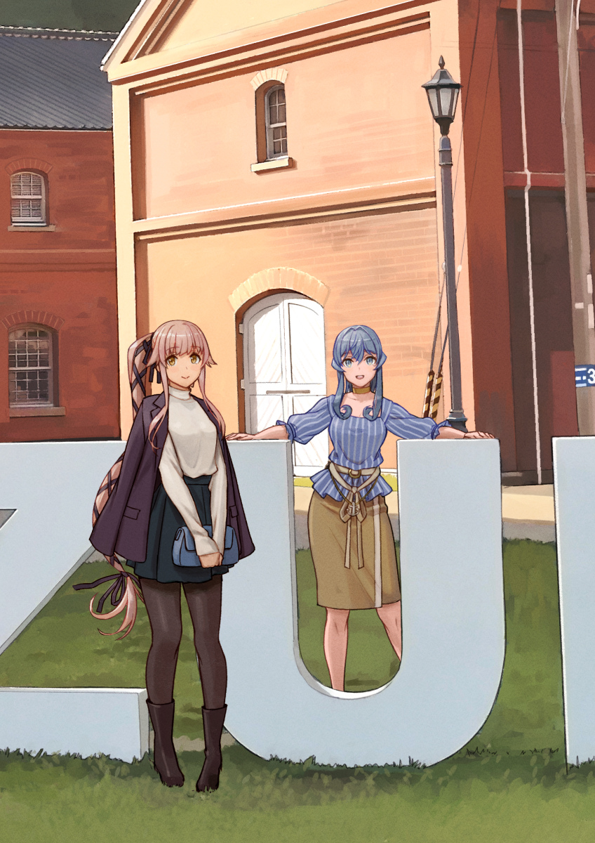 2girls, bag, black_jacket, black_pantyhose, black_skirt, blue_hair, blue_shirt, brown_skirt, full_body, gotland_(hirota)_(kancolle), gotland_(kancolle), handbag, highres, jacket, jacket_on_shoulders, kantai_collection, lamppost, long_hair, looking_at_viewer, maizuru_(city), multiple_girls, official_alternate_costume, outdoors, pantyhose, pink_hair, pleated_skirt, scenery, shirt, sidelocks, skirt, standing, striped_clothes, striped_shirt, tantaka, white_shirt, yura_(kancolle), yura_(maizuru)_(kancolle)