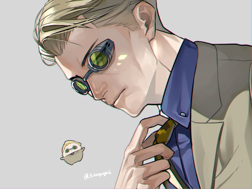 1boy, adjusting_clothes, adjusting_necktie, animal_print, blonde_hair, blue_shirt, character_doll, collared_shirt