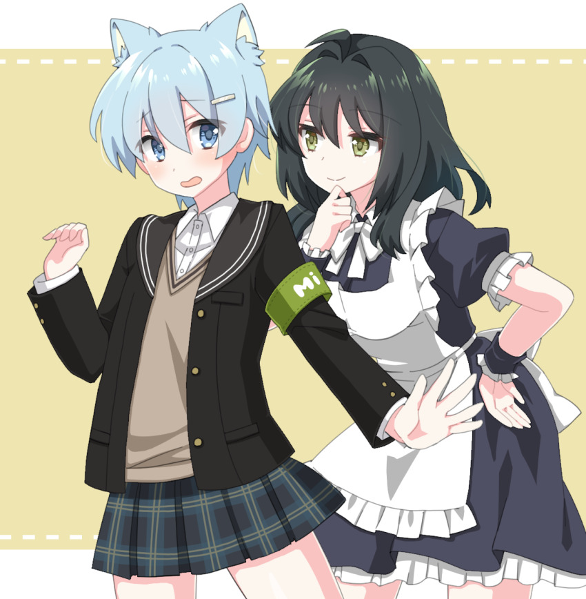 2girls, animal_ear_fluff, animal_ears, apron, armband, black_hair, black_jacket, blue_dress