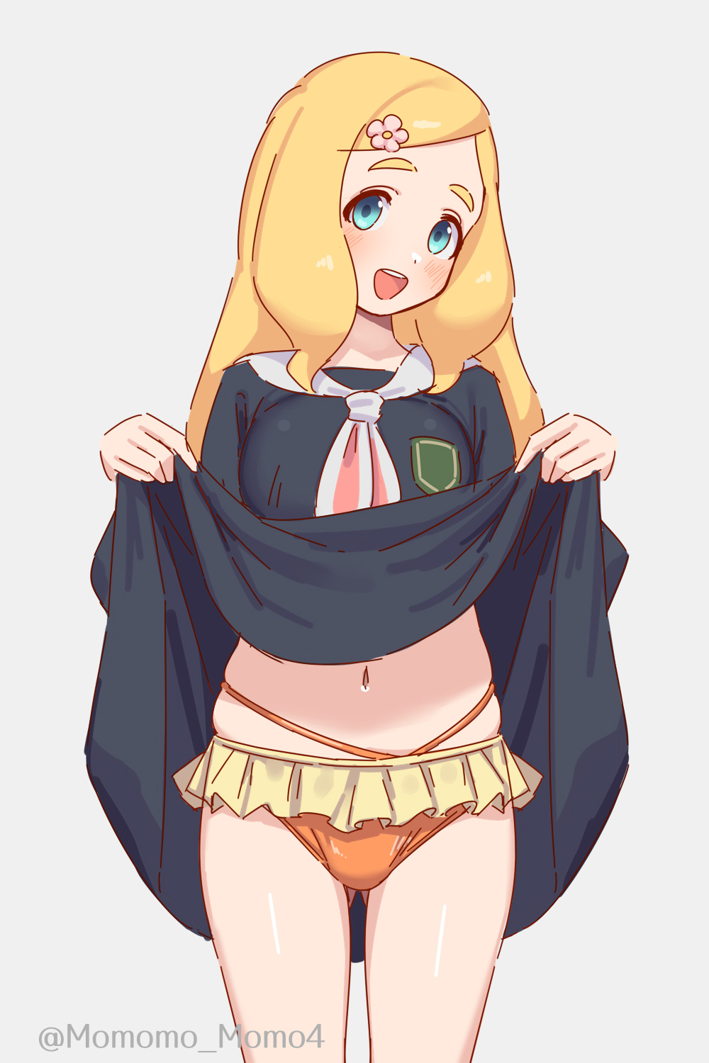 1girl, :d, bikini, blonde_hair, blue_eyes, blush, breasts, clothes_lift