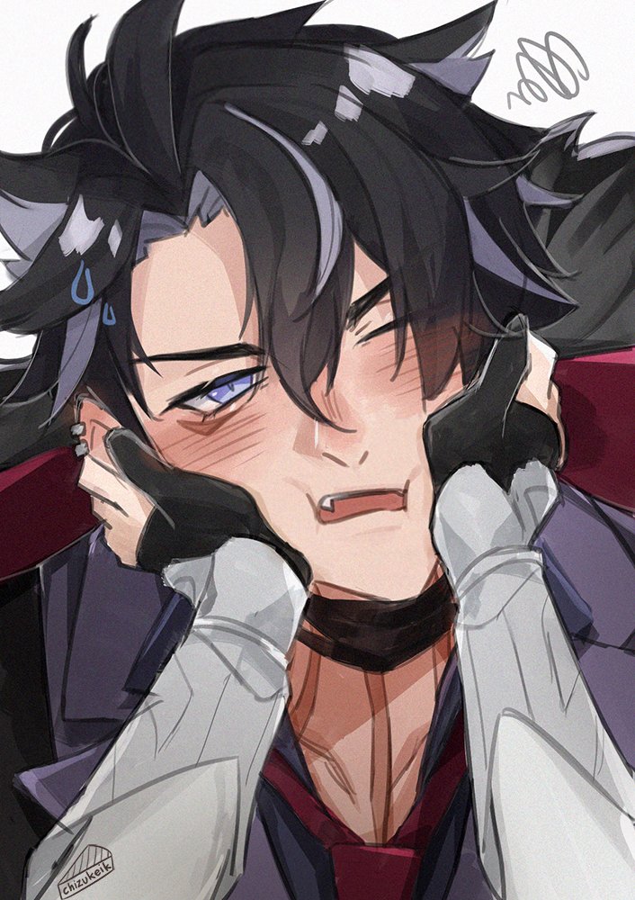 1boy, 1girl, black_hair, chizukeik, fang, genshin_impact, hands_on_another's_cheeks, hands_on_another's_face, lumine_(genshin_impact), male_focus, one_eye_closed, purple_eyes, short_hair, simple_background, tagme, white_background, wriothesley_(genshin_impact)