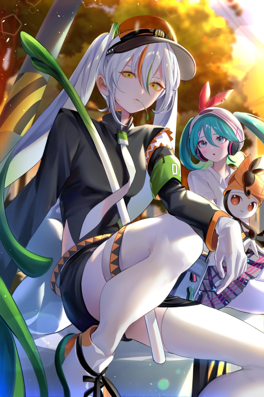 2girls, aqua_shoes, armband, beanie, bird, black_shorts, blue_eyes, blue_hair