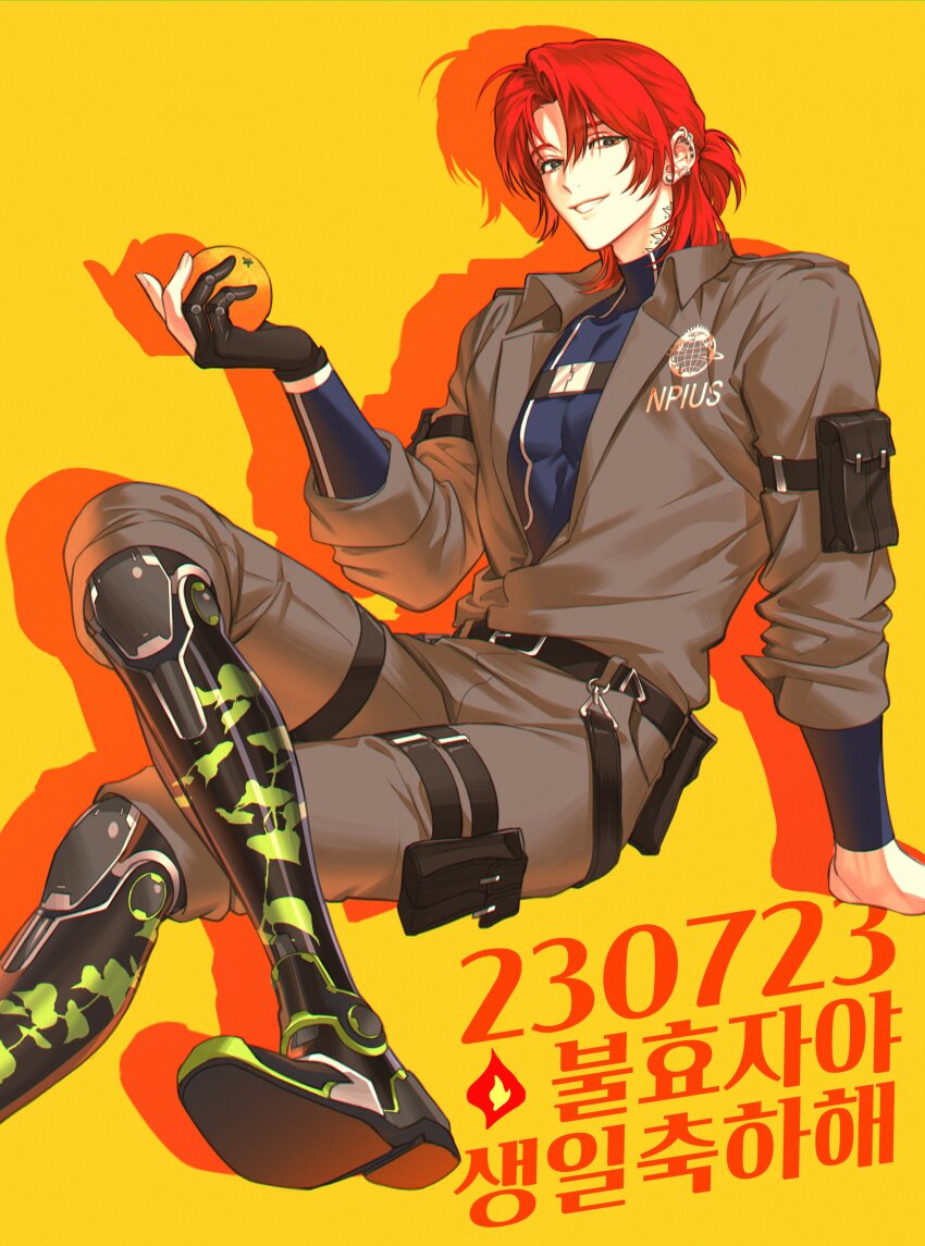 1boy, absurdres, belt, black_belt, brown_jumpsuit, commentary_request, drop_shadow, ear_piercing